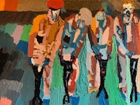 a painting of a group of people standing on a street