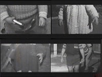 four black and white photographs of a child wearing a sweater