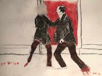 a drawing of a man and woman dancing in front of a red door