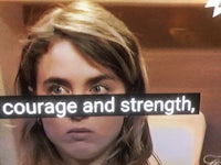 a woman's face with the words courage and strength