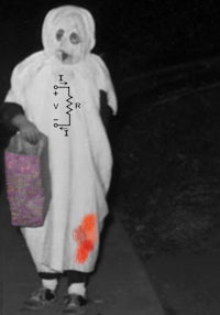 a person dressed as a ghost holding a bag