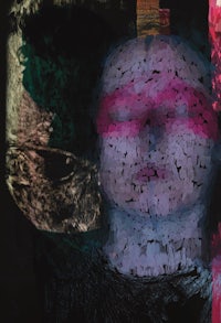 a painting of a woman's face with pink paint on it