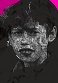 a black and white drawing of a boy with a pink background