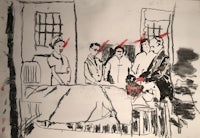 a drawing of a group of people standing around a bed