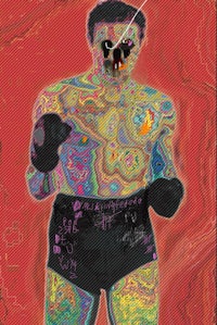 a psychedelic painting of a man holding a boxing glove