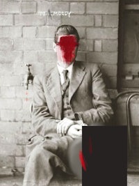 a man in a suit sits on a bench with blood on his face