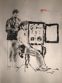 a drawing of a man sitting in front of a mirror