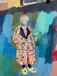 a painting of a woman in a colorful outfit