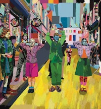 a painting of a group of people on a street