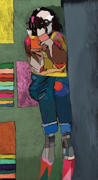 a painting of two people hugging each other