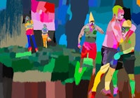 a painting of a group of people playing frisbee