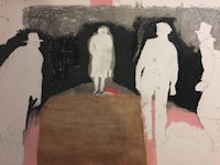 a drawing of a group of people standing in a dark room