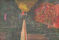 a drawing of a hallway with red and orange lights