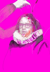 a drawing of a woman with a pink scarf