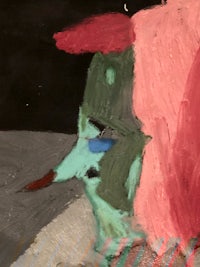 a painting of a red, green, and blue bird