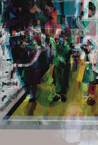 a painting of a group of people on a street