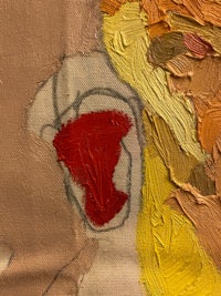 a close up of a painting with red, yellow, and brown colors