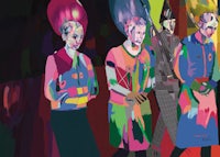 a painting of a group of people with colorful hair