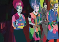 a painting of a group of people with colorful hair