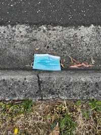 a blue face mask laying on the side of the road