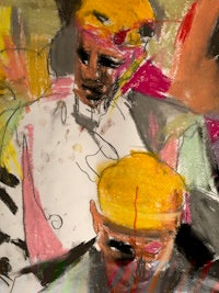 a painting of two men wearing yellow hats