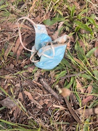 a blue plastic bag lying on the ground