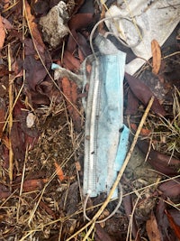 a blue plastic bag laying on the ground