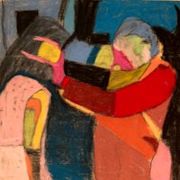 a painting of two people hugging each other