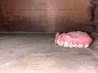 a doll's mouth is sitting on top of a wooden floor