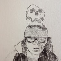 a drawing of a man with a skull on his head