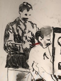 a black and white drawing of a man cutting a man's hair