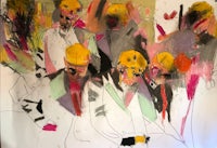 a painting of a group of people wearing yellow hats